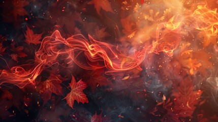 A captivating Autumn background web design banner featuring vibrant red autumn leaves and swirling color smoke - obrazy, fototapety, plakaty