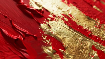 A captivating close-up photograph showcasing the intricate textures of a Christmas brushed paint red and gold background, with thick brush strokes and vibrant colors 