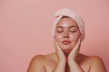 Plus size woman healthy skin and skin care isolated on light pink background