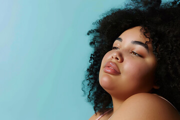 Plus size woman healthy skin and skin care isolated on light blue background  - obrazy, fototapety, plakaty