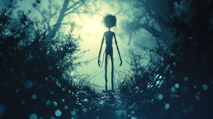 dark silhouette of a humanoid in a foggy forest horror