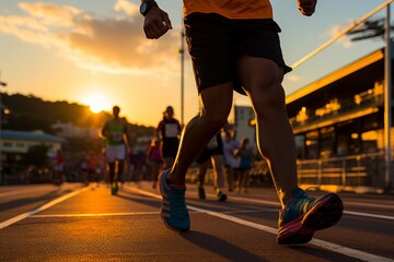 An inspiring scene of a determined male runner with a prosthetic leg racing at a sports center stadium, against the backdrop of a vibrant sunset and a dynamic sports atmosphere