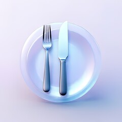 Glossy stylized glass icon of dining, knife, fork, spoon, cutlery, food industry, restaurant