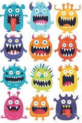Engaging set of monster head icons with vibrant silhouettes, showcasing different expressions, tongues, teeth, and hands raised in joy, in a flat design illustration, kawaii yet scary, perfect for hum