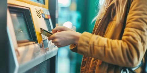 A person using a payment card to withdraw cash from an ATM.  - obrazy, fototapety, plakaty