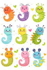 Charming earthworm insect icon set, featuring cartoonish, kawaii baby animal characters in bright colors, with geometric line shapes, in flat design, isolated on white
