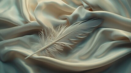 An enchanting image featuring a single, delicate white feather resting with poise on a smooth, soft fabric surface