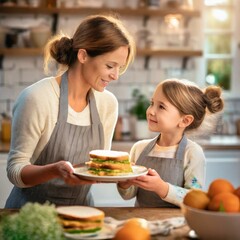 Mom preparing sandwiches with her child in the kitchen