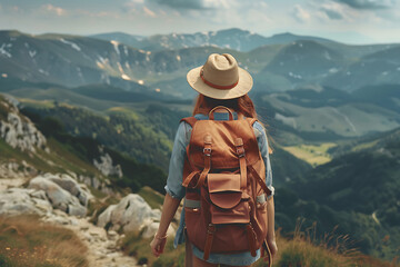 back view tourist young woman with hat and backpack on vacation at mountain, active summer outdoors lifestyle