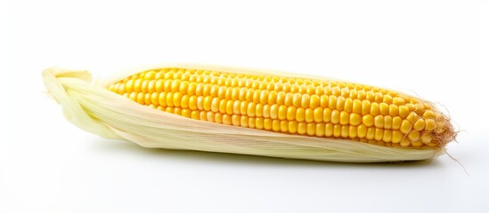A closeup of sweet corn on the cob on a white background, showcasing this natural vegetable as a key ingredient in cuisine and a popular food choice