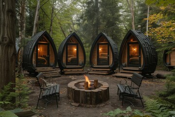 Secluded cabins nestled in the forest surrounded by nature, with a communal fire pit in the center