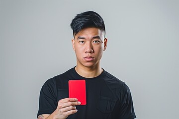 Asian Man showing red card against racism