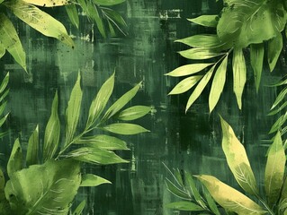 Vibrant Tropical Foliage Painting on Dark Green Background with Text Tropical Written, Nature Theme Artwork
