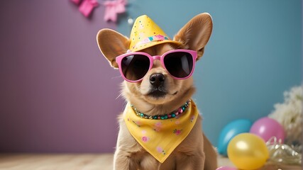 "A cute bunny easter adorned in a vibrant party hat and stylish sunglasses stands against a cheerful yellow background. The dog's expressive eyes convey a sense of excitement and playfulness, enhanced