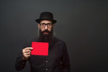 Jewish man with red card symbolizing stand against anti-Semitism