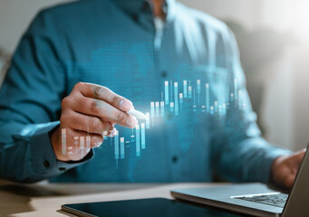 chart, diagram, graph, index, invest, management, marketing, strategy, profit, report. A man is pointing at a graph. The graph shows a trend, which could indicate a negative outcome or a decrease.