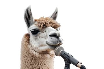 Selbstklebende Fototapeten musical cool llama singing karaoke using a microphone isolated on white background   © Marina Shvedak