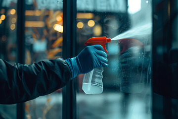 worker's hand cleaning a window glass and spraying disinfectants
