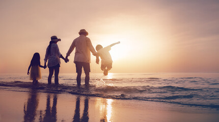 children, kids, run, freedom, sunset, sunrise, silhouette, together, parent, childhood. A family of...