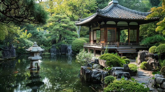 Serene traditional Japanese garden with a koi pond, stone lantern, and an elegantly designed tea house surrounded by lush greenery