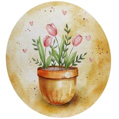 Raster watercolor style illustration of pink blooming tulips in a pot on a warm yellow background with hearts. Picture for printing on polygraphy, fabric, covers.