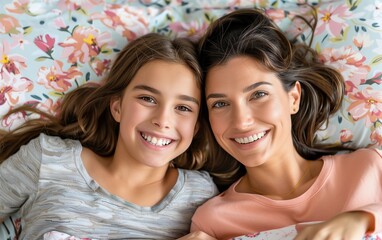 Happy mother and daughter lie on a bed,close up, beautiful facial detail,Mother's Day concept.