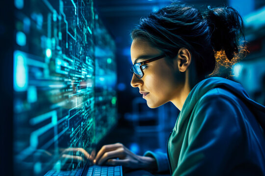 Women in technology, coding in an office setting, emphasizing the role of females in the digital workforce