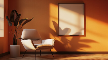 A modern living space with bright orange walls and a frame with an empty mockup field, a stylish leather armchair and an ornamental plant