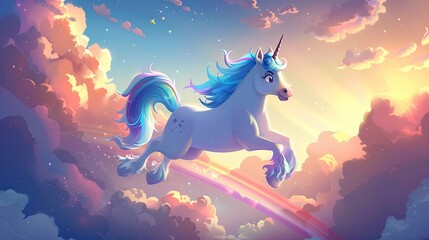 A mythical creature leaps over a rainbow in the electric blue sky - obrazy, fototapety, plakaty