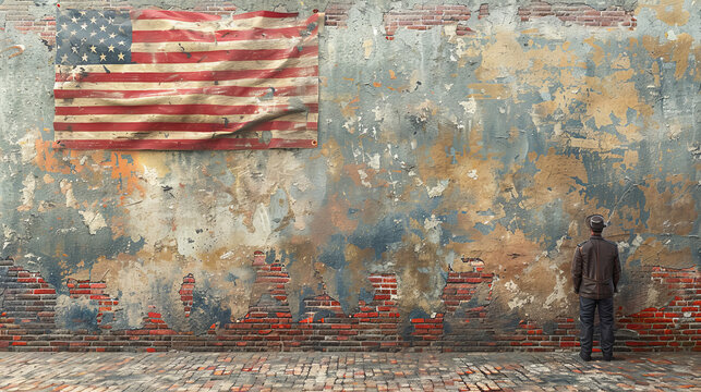Bricks wall with American flag