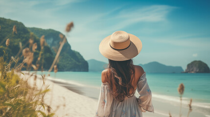 Fototapeta na wymiar Girl in a hat and summer dress on a beach by the sea or ocean.