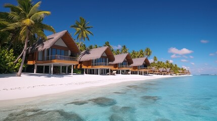 Water Villas (Bungalows) on the Perfect Tropical Island, Beautiful white sand on Tropical beach blue water blue sky with coconut palm