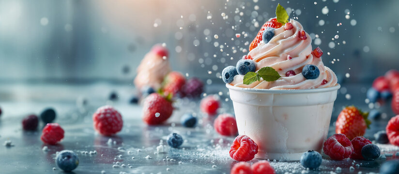 Coppa di gelato ai frutti di bosco contornata da fragole, mirtilli e lamponi