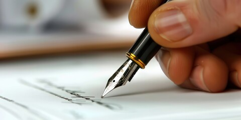 A legal document being signed with a fountain pen. 