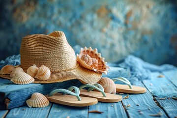 seashells on blue wooden plank with straw hat and flip-flop - obrazy, fototapety, plakaty
