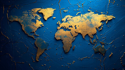 Gold world map on blue background