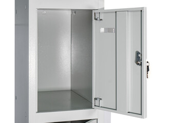 Fragment of the door of metal lockers for locker room. Change room metal locker box on the white...