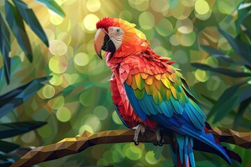 A vividly colored low poly parrot perched in a lush jungle setting