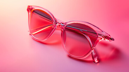 Chic transparent pink sunglasses with a glossy finish against a gradient pink background, conveying a playful and trendy look