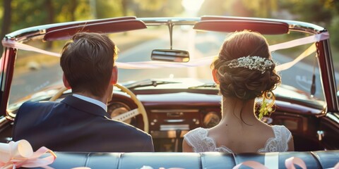 Newlyweds driving away in a vintage car decorated with ribbons. 