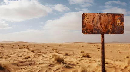 Foto op Aluminium Old Rusty Sign in the Desert Landscape with Blue Sky and Clouds on the Background © Maksym