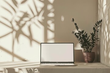 SereneTech: Light Beige Laptop Mockup with Plant Shadows