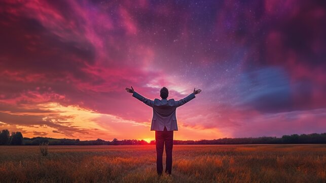 Wide view image of businessman standing proud under majestic evening sky with his arms open wide.