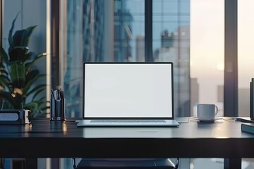 Fototapeta premium SereneTech: Light Beige Laptop Mockup with Plant Shadows
