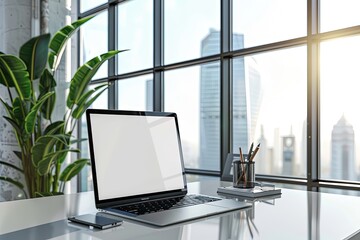 Fototapeta premium SereneTech: Light Beige Laptop Mockup with Plant Shadows