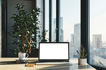 Fototapeta premium SereneTech: Light Beige Laptop Mockup with Plant Shadows