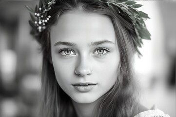 Fototapeta premium Beautiful girl with a wreath in her hair, face of a young teenage girl, black and white photo