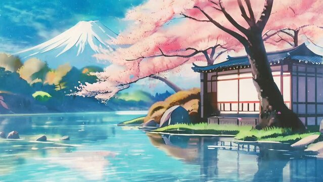 Landscape of a traditional Japanese house with a lake in spring. Anime or Cartoon Style Video