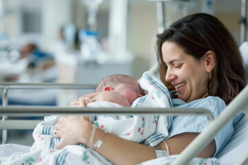 Cheerful new mother carrying and smiling to her newborn baby while resting on the hospital bed after giving birth
