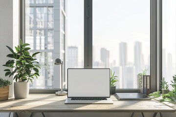 Minimalist White Laptop Mockup with Plant Shadows in Modern Office